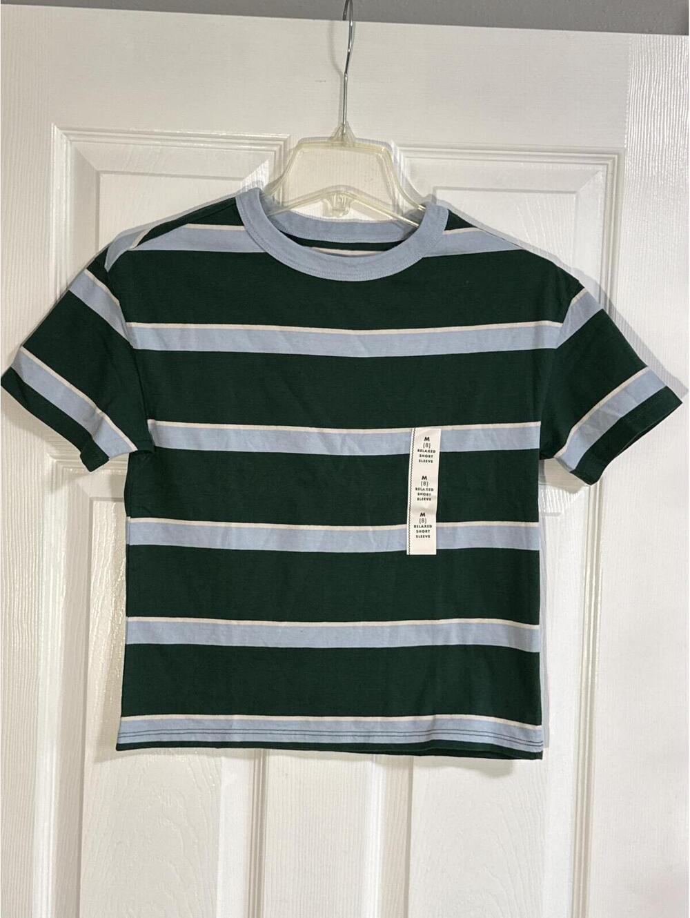 Kids Cat & Jack Green/Blue Striped Short‑Sleeve Tee – Medium (8) New